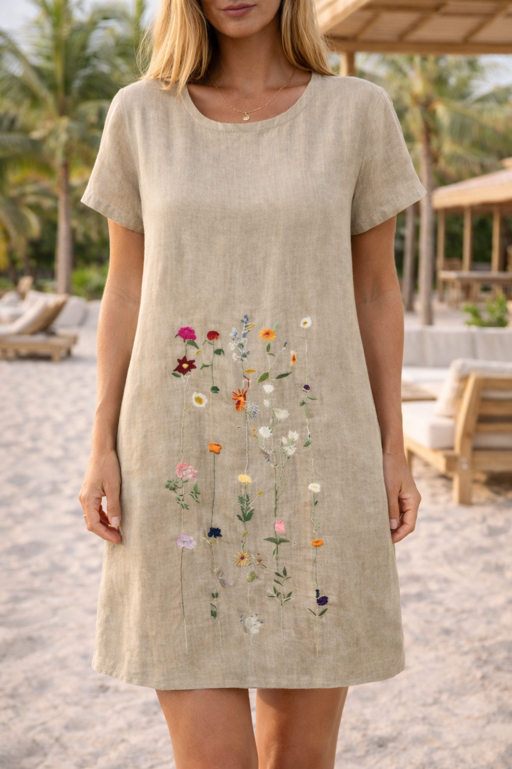 Agatha | Short Sleeve Embroidered Mini Shift Dress with Round Neck