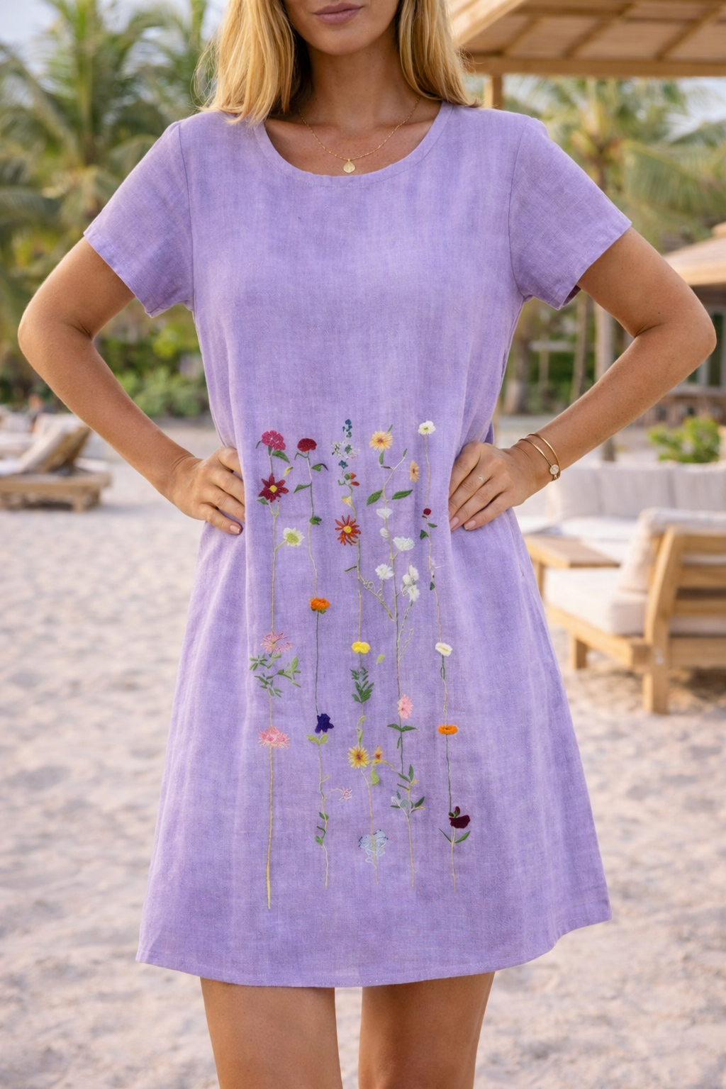 Agatha | Short Sleeve Embroidered Mini Shift Dress with Round Neck