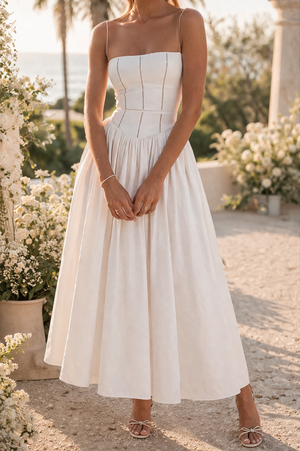 Alba | Structured Strap Midi Wedding Guest Dress with Full Skirt