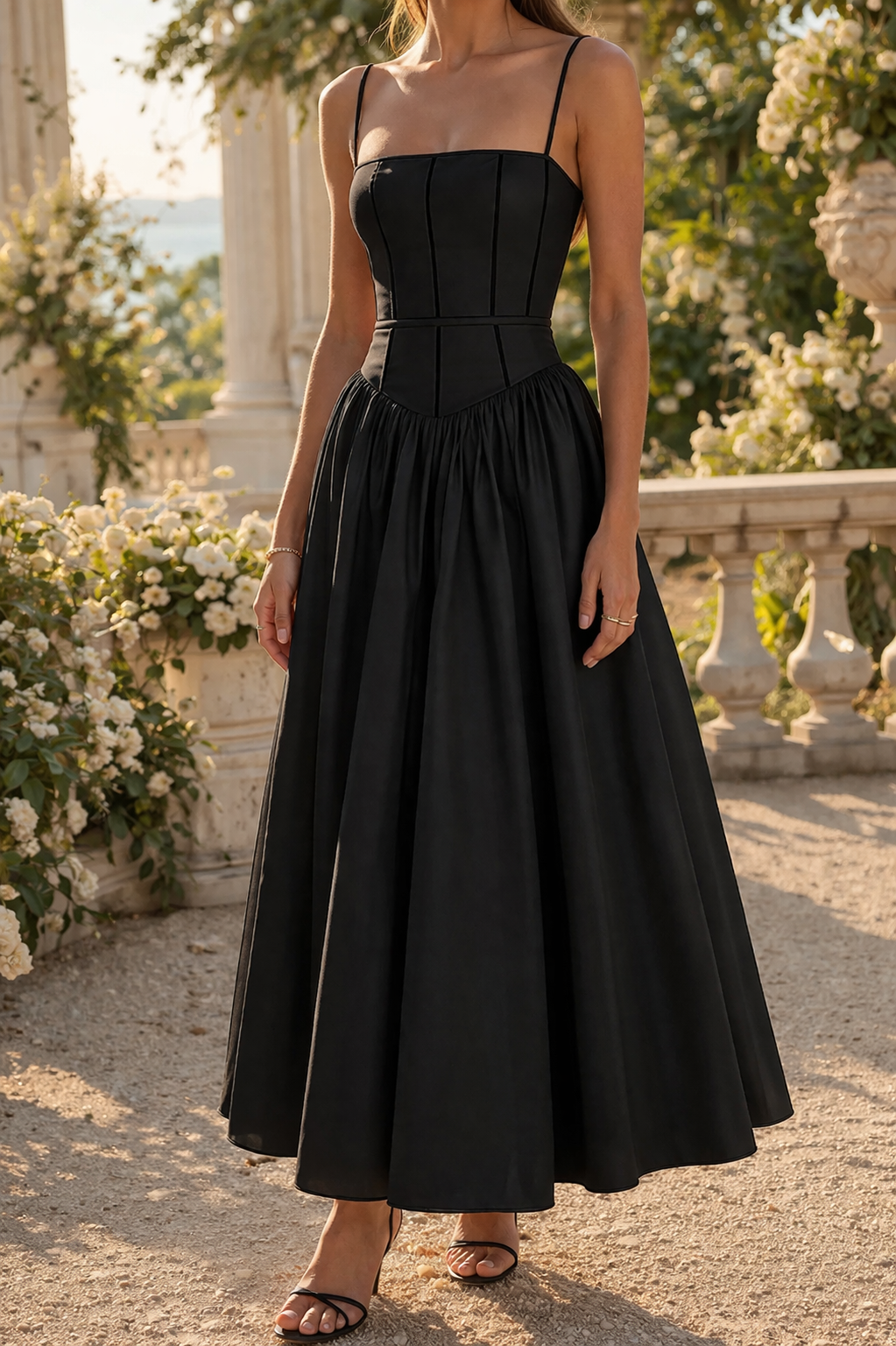 Alba | Structured Strap Midi Wedding Guest Dress with Full Skirt