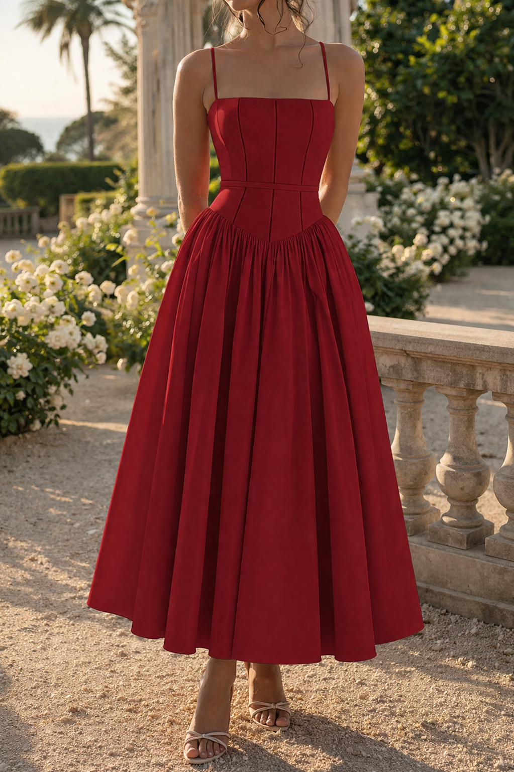 Alba | Structured Strap Midi Wedding Guest Dress with Full Skirt