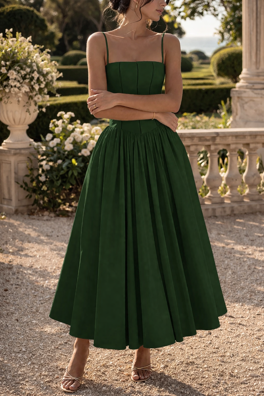 Alba | Structured Strap Midi Wedding Guest Dress with Full Skirt