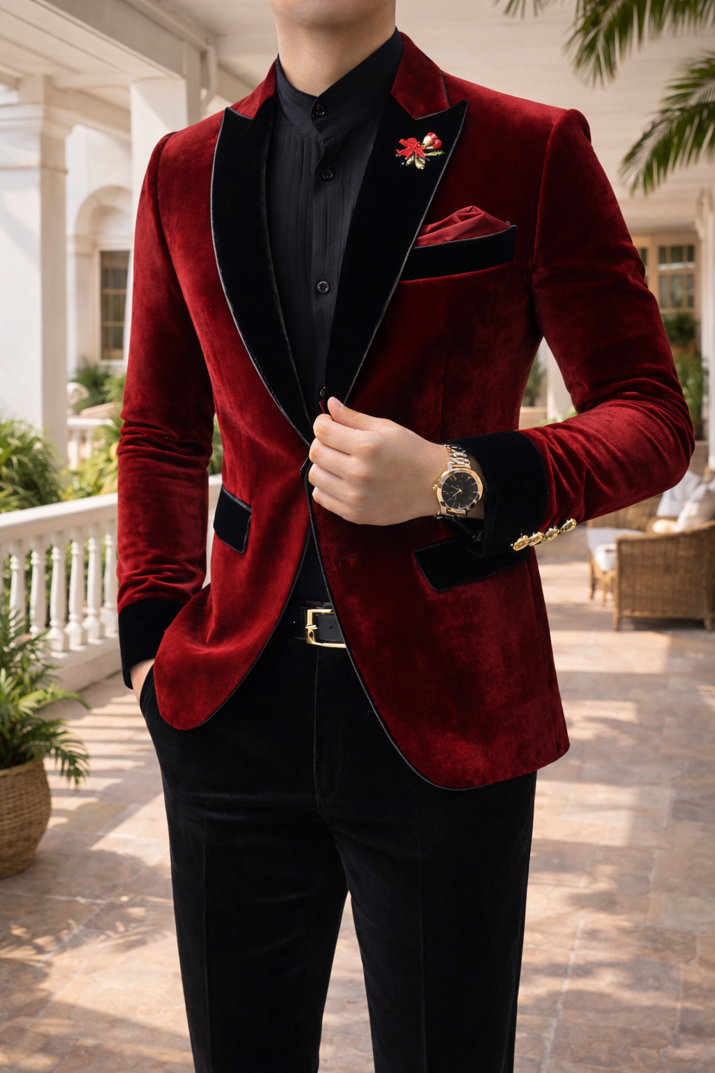 Anderson | Velvet Tailored Blazer with Contrast Lapel and Single Button Closure