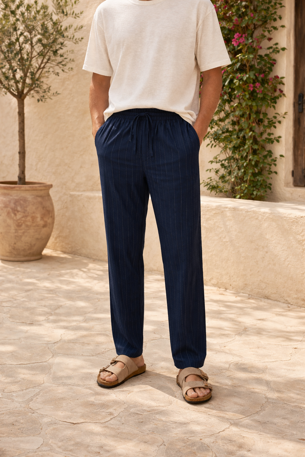 Austin | Men’s Vertical Stripe Linen Drawstring Trousers Relaxed Fit Lightweight