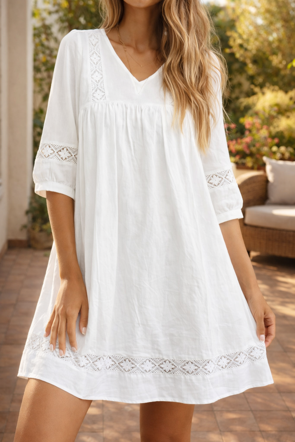Autumn | V-Neck Lace Trim Smock Mini Dress with Three Quarter Sleeves