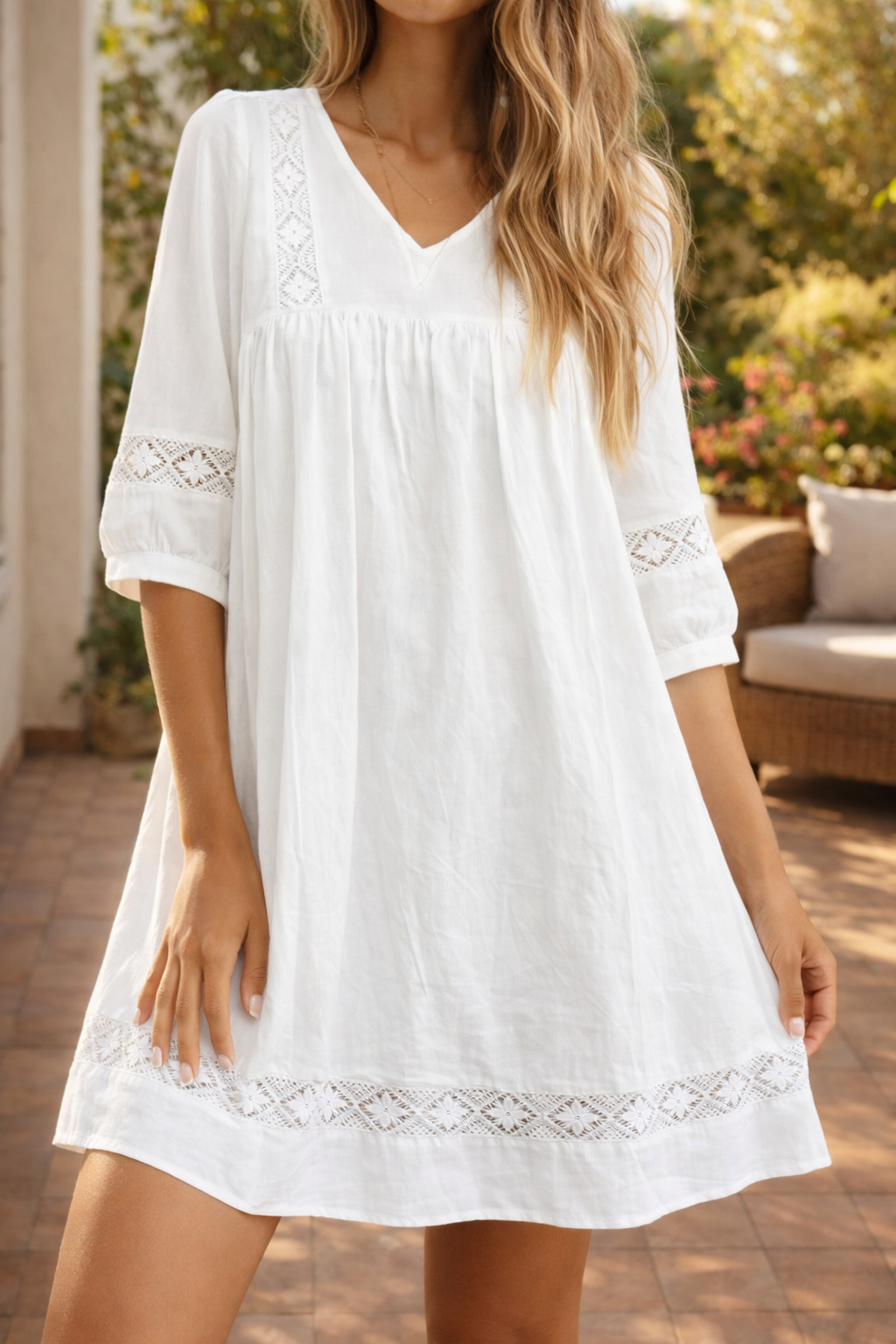 Autumn | V-Neck Lace Trim Smock Mini Dress with Three Quarter Sleeves