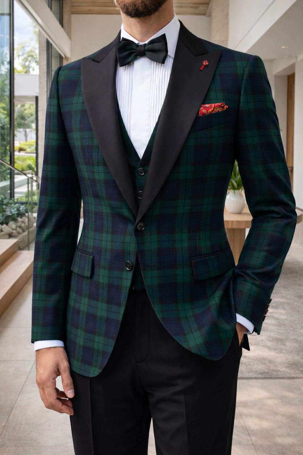 Basil | Tartan Pattern Tailored Blazer with Contrast Lapel and Single Button Closure