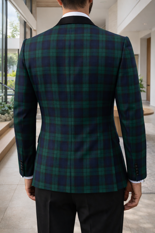 Basil | Tartan Pattern Tailored Blazer with Contrast Lapel and Single Button Closure