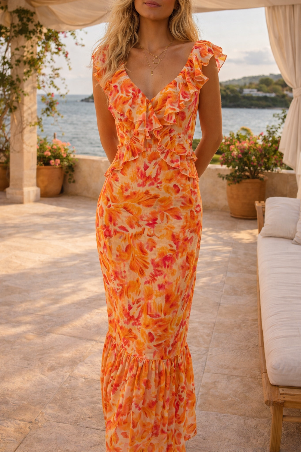 Beatrix | Ruffle Trim Sleeveless Maxi Dress with V-Neck