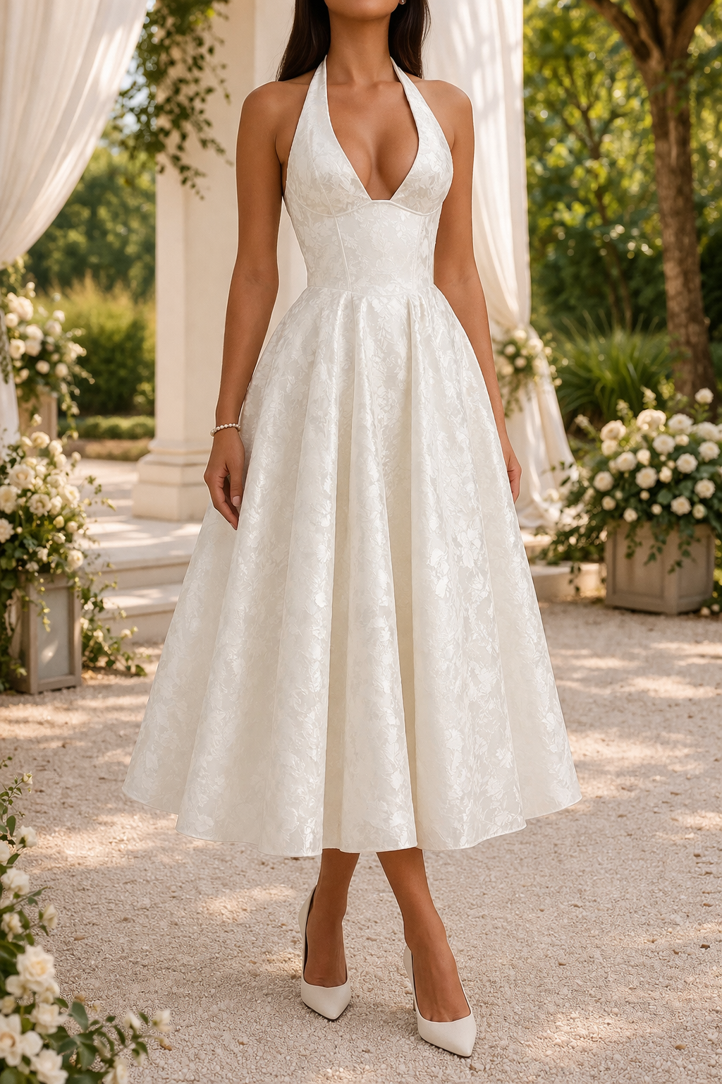 Brooklyn | Halter Neck Jacquard Midi Wedding Guest Dress