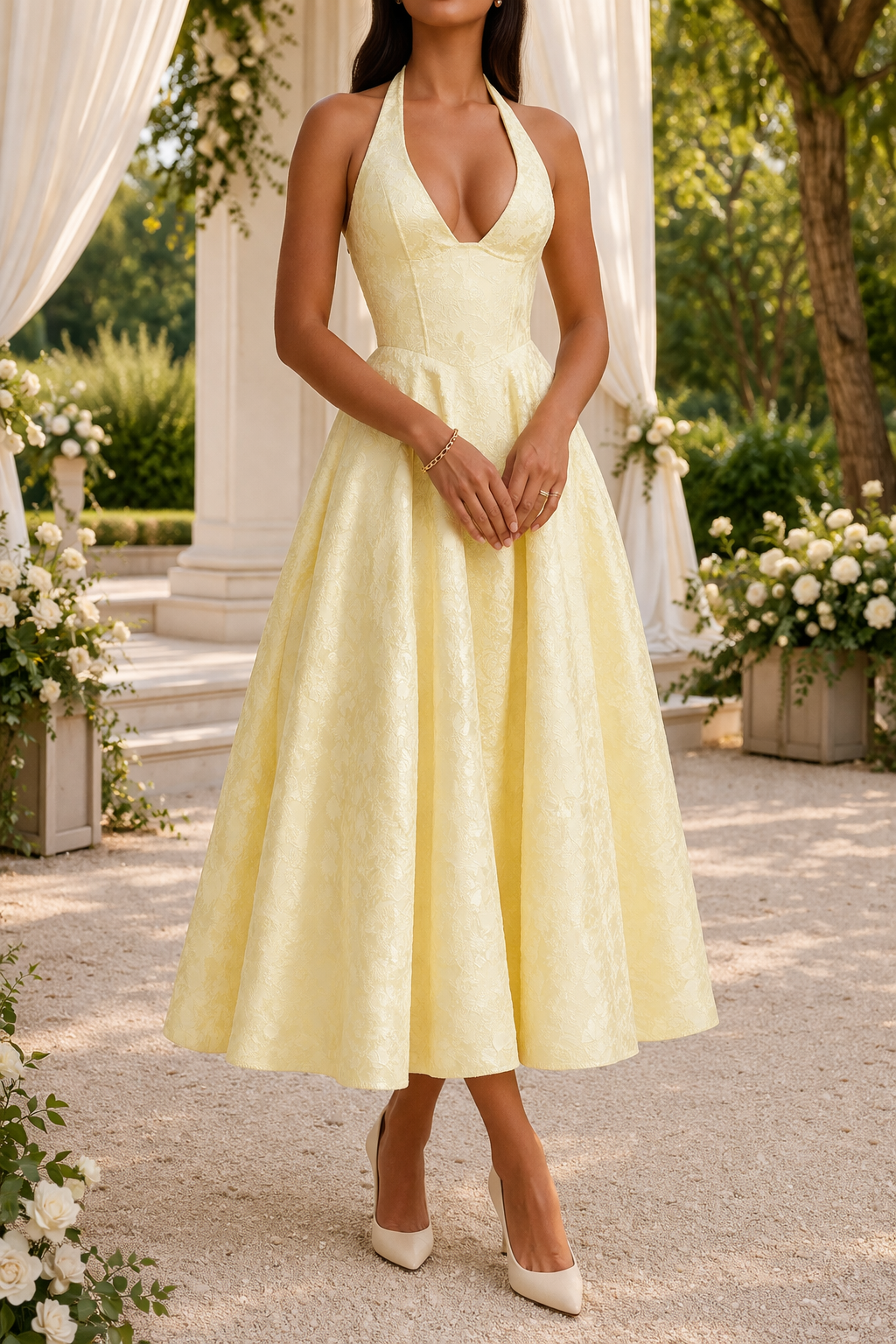 Brooklyn | Halter Neck Jacquard Midi Wedding Guest Dress