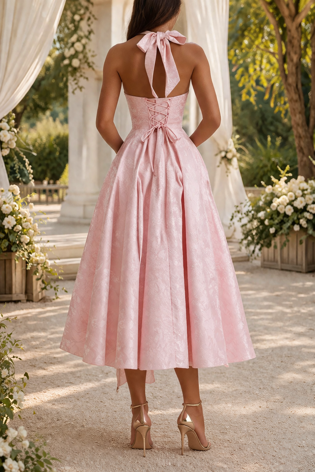 Brooklyn | Halter Neck Jacquard Midi Wedding Guest Dress