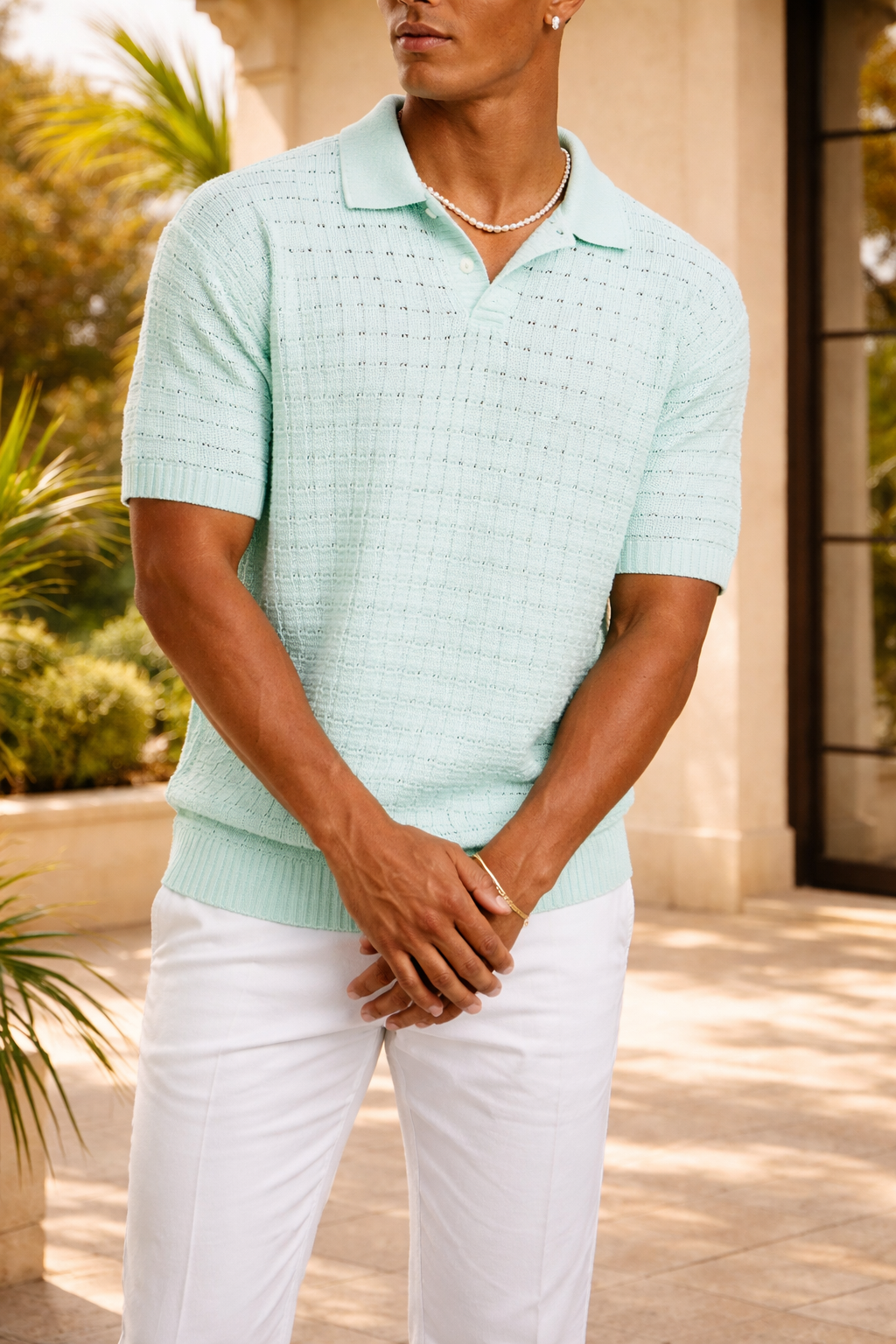 Cecil | Men’s Textured Knit Open Collar Polo Shirt Short Sleeve Relaxed Fit