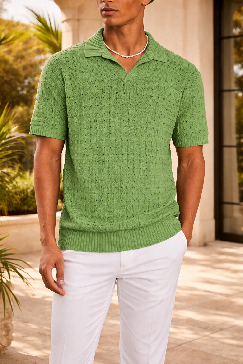 Cecil | Men’s Textured Knit Open Collar Polo Shirt Short Sleeve Relaxed Fit
