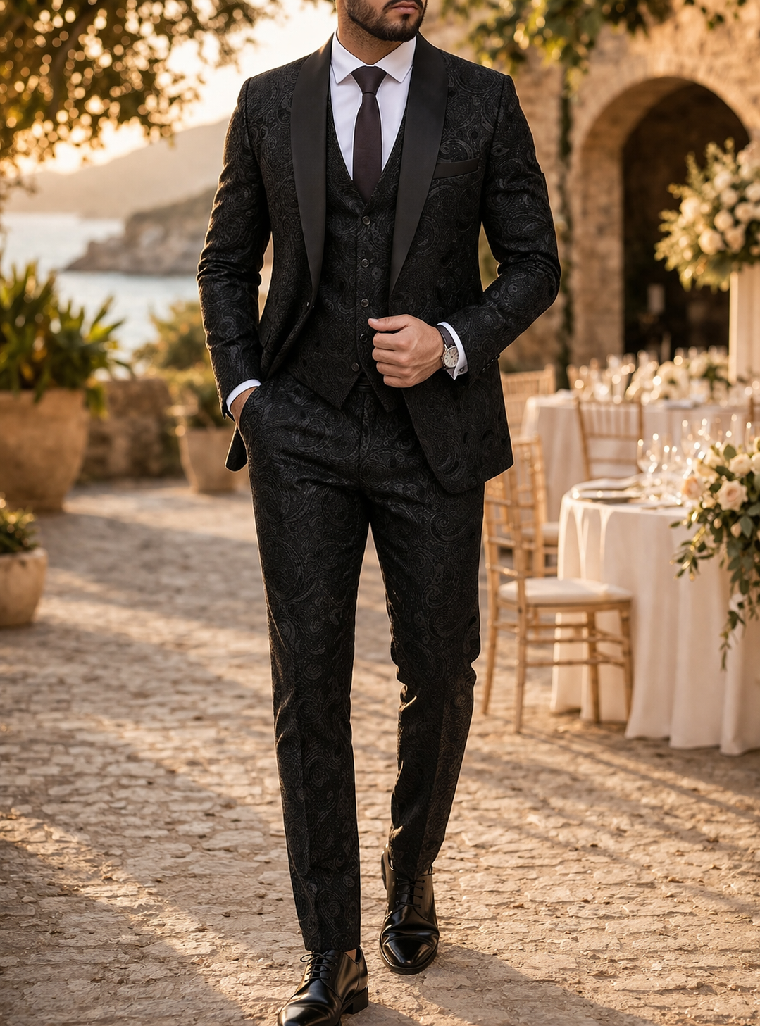 Cian | Men’s Three Piece Patterned Tailored Wedding Suit with Shawl Lapel