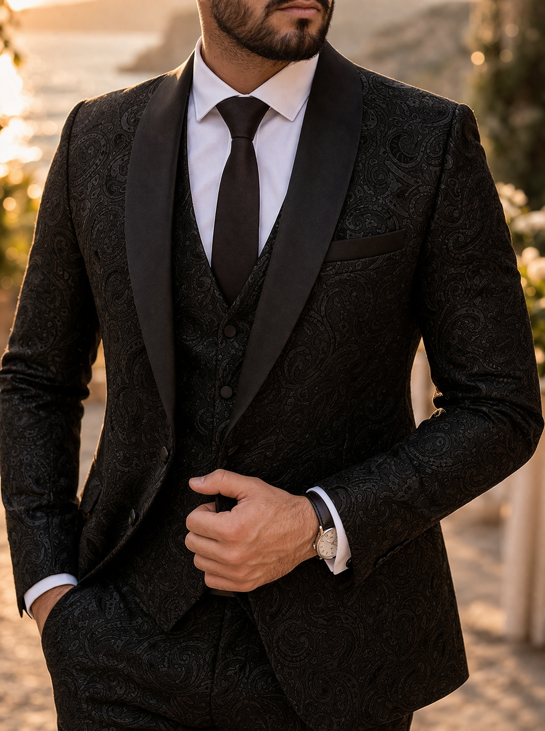 Cian | Men’s Three Piece Patterned Tailored Wedding Suit with Shawl Lapel