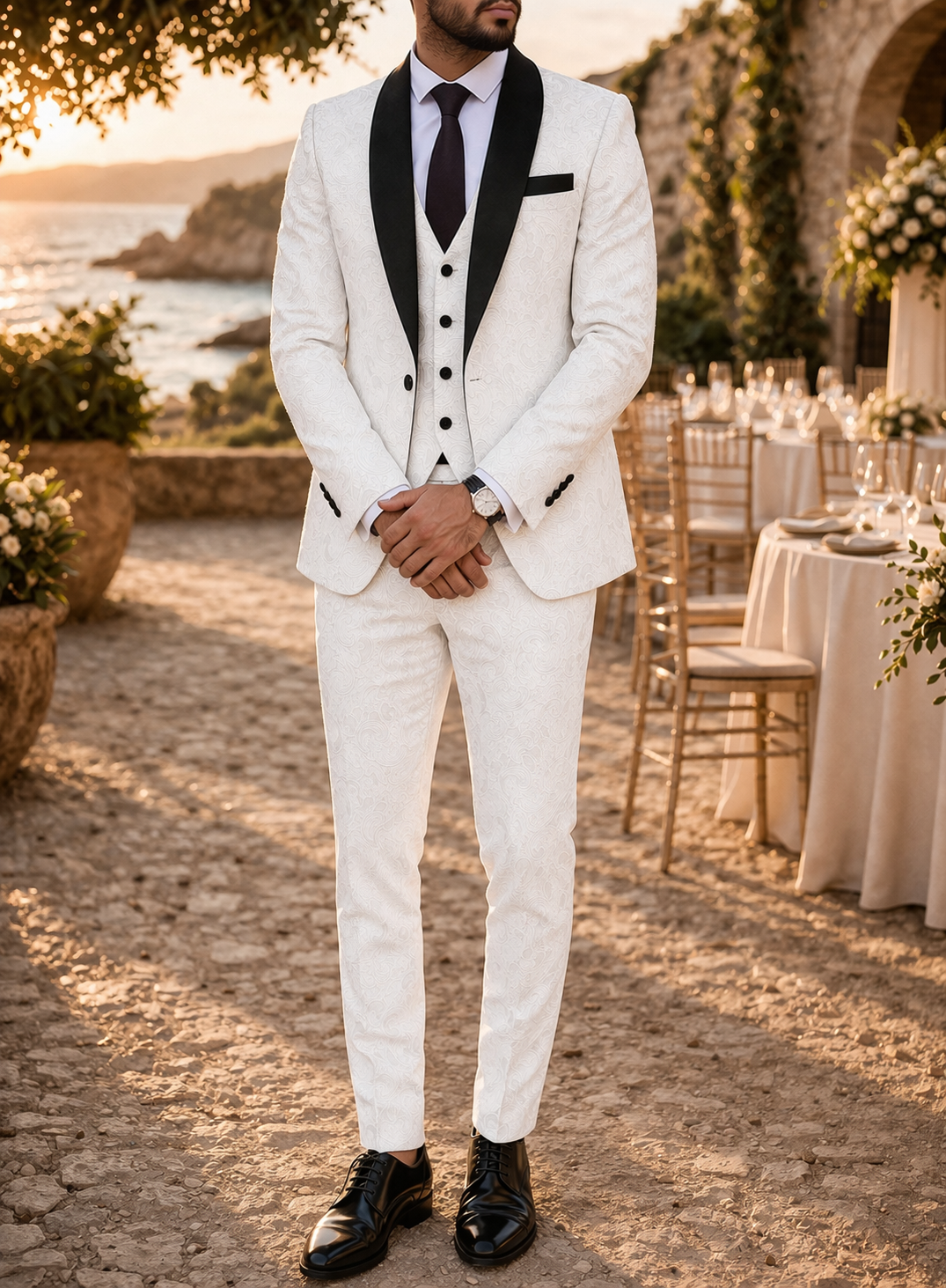 Cian | Men’s Three Piece Patterned Tailored Wedding Suit with Shawl Lapel