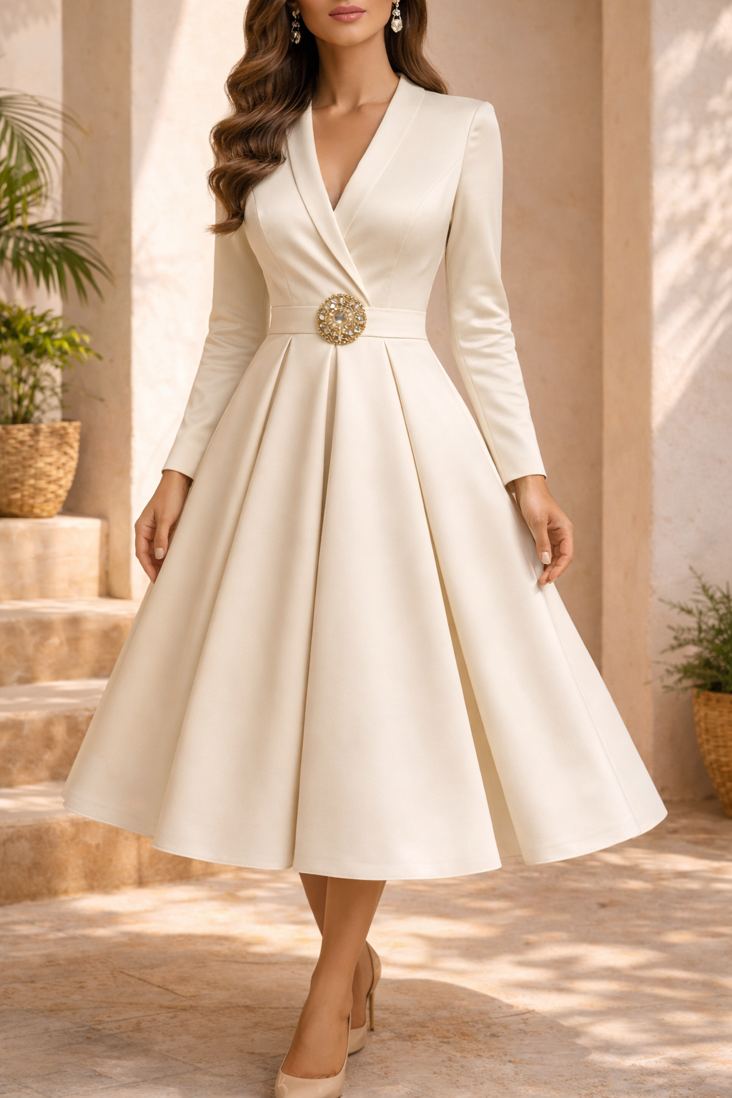 Diana | Long Sleeve Structured Midi Wedding Dress with Belt Detail