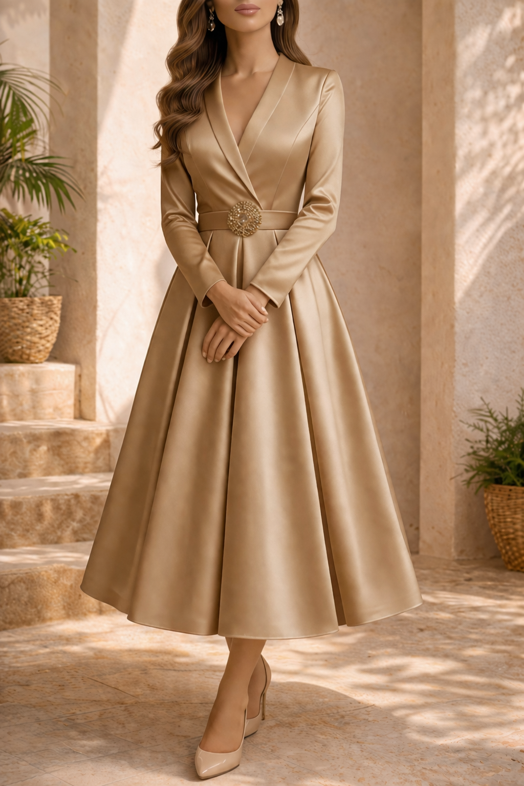Diana | Long Sleeve Structured Midi Wedding Dress with Belt Detail