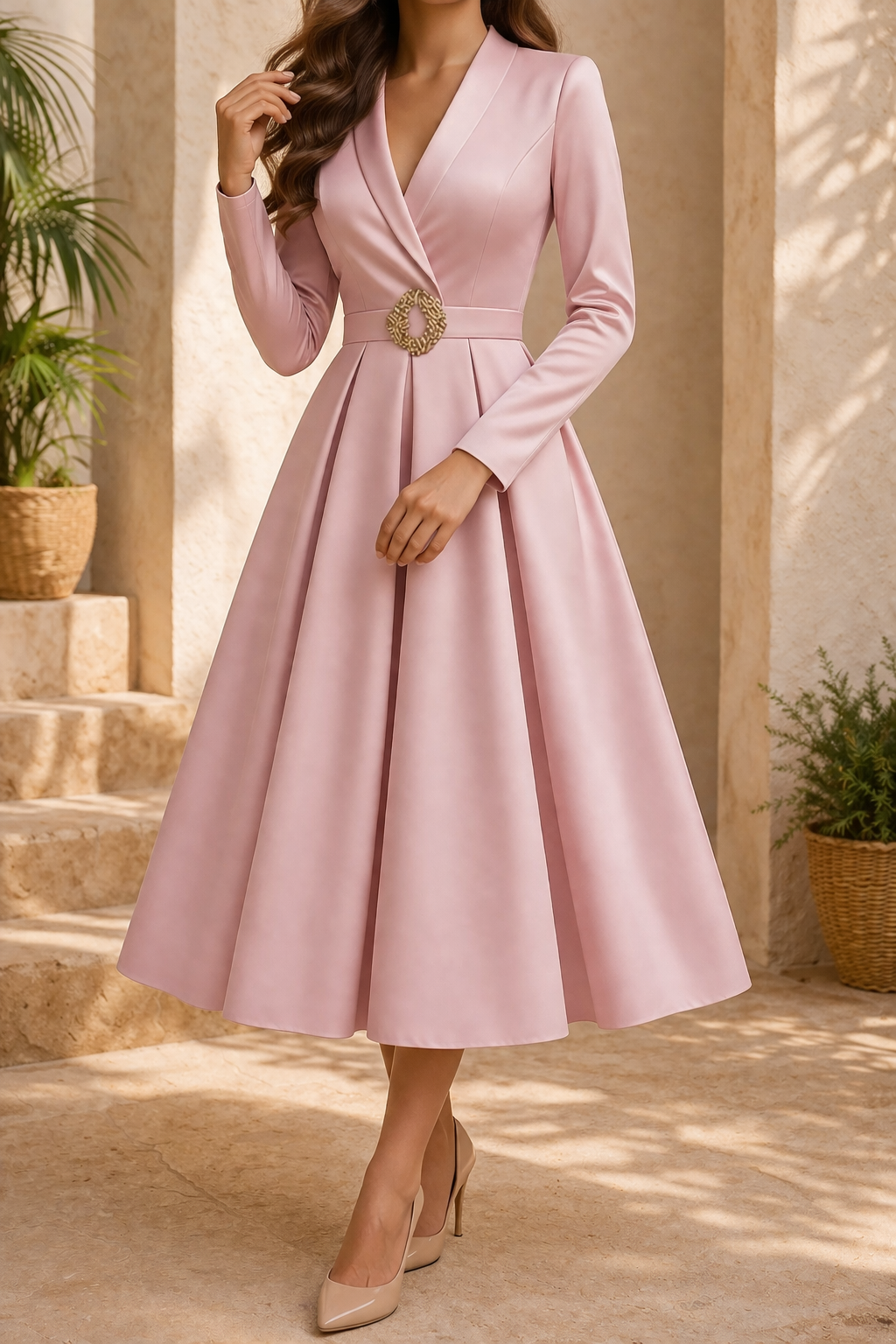 Diana | Long Sleeve Structured Midi Wedding Dress with Belt Detail