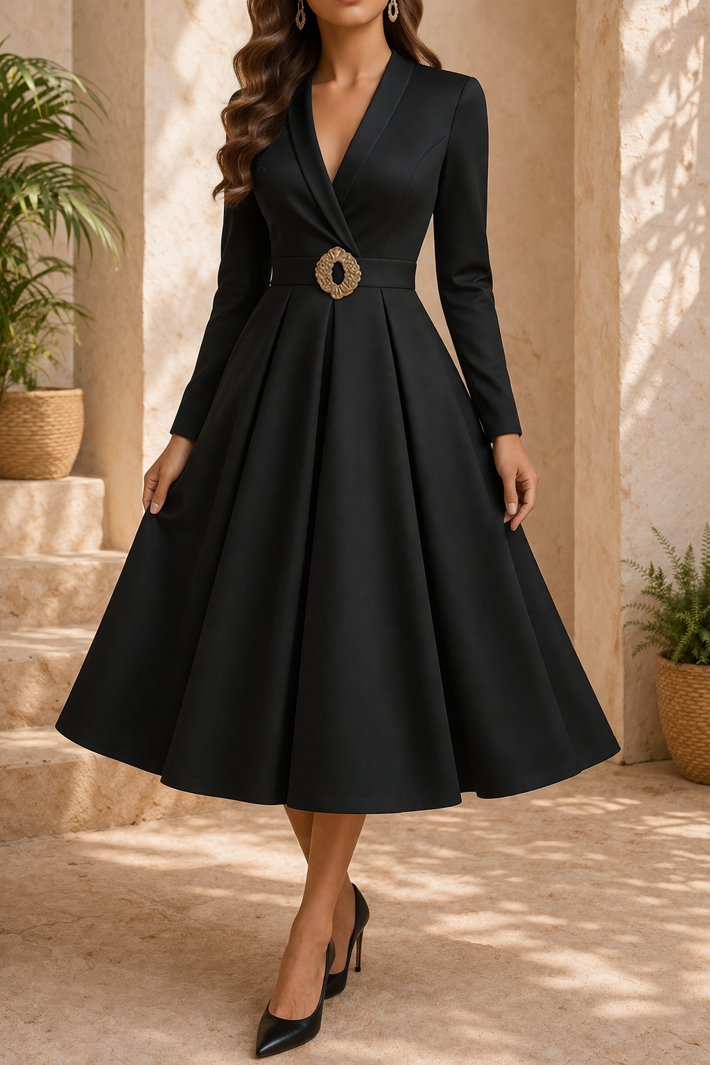 Diana | Long Sleeve Structured Midi Wedding Dress with Belt Detail