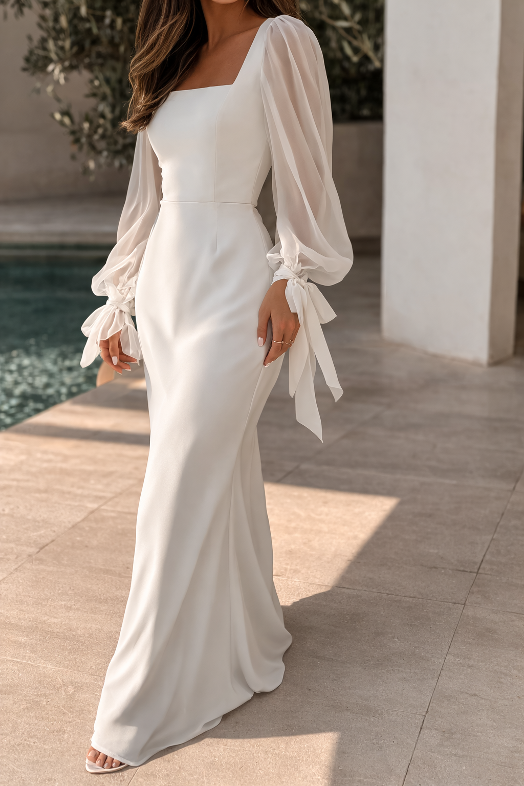 Elodie | Women’s Square Neck Maxi Dress with Long Sheer Sleeves