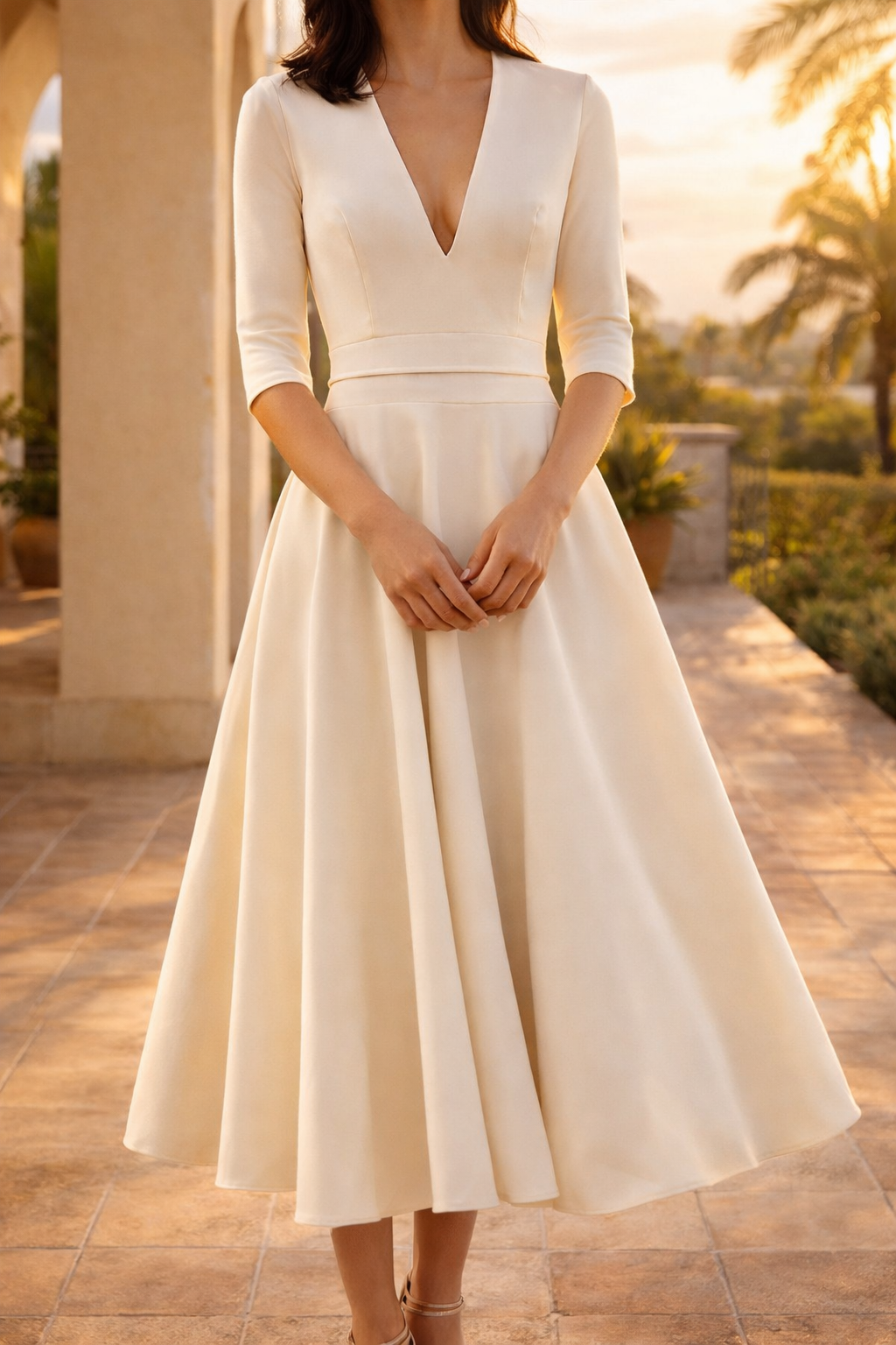 Emilia | Deep V Neck Midi Fit and Flare Wedding Guest Dress