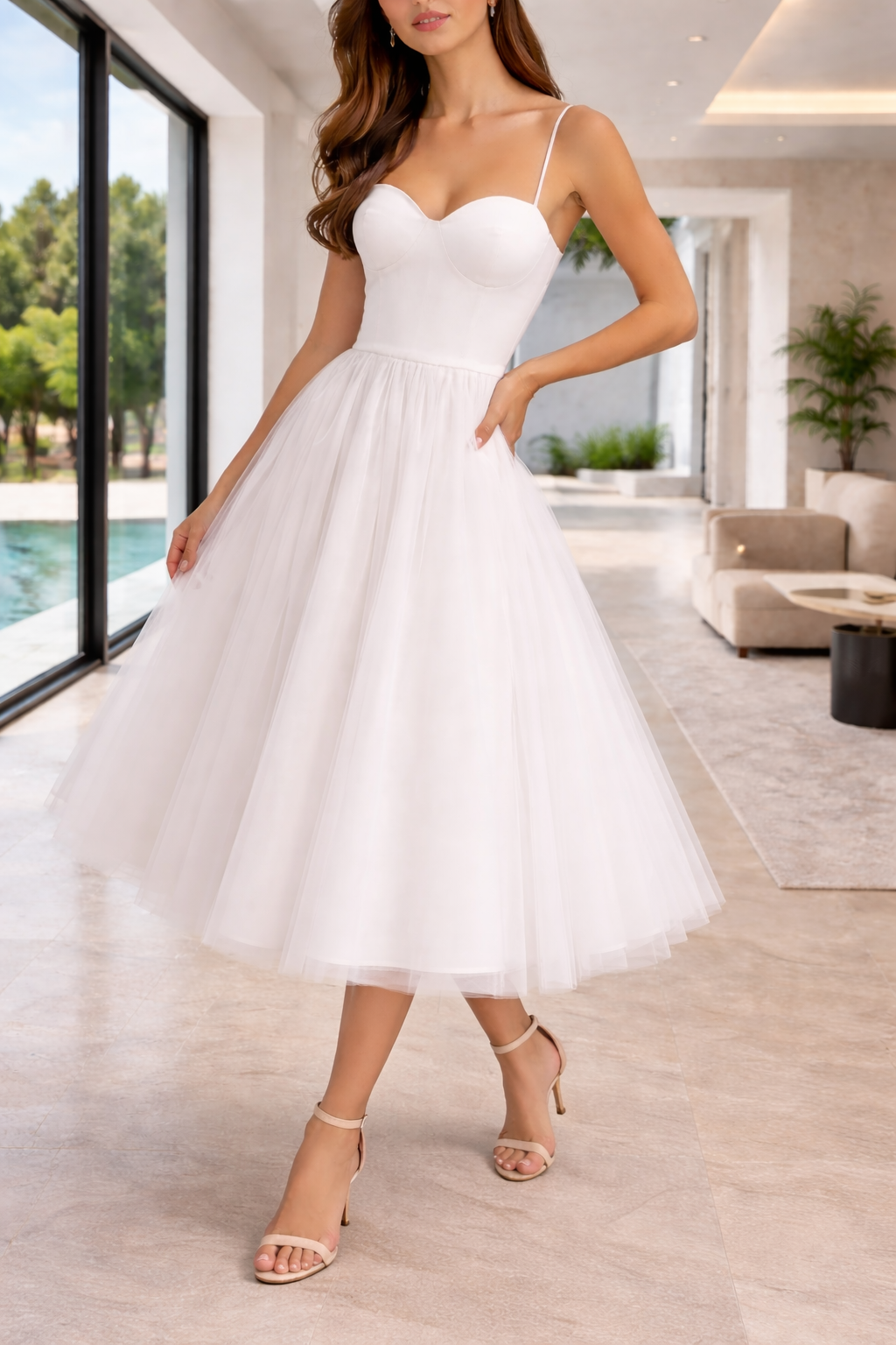 Esther | Structured Bodice Tulle Midi Dress with Adjustable Straps