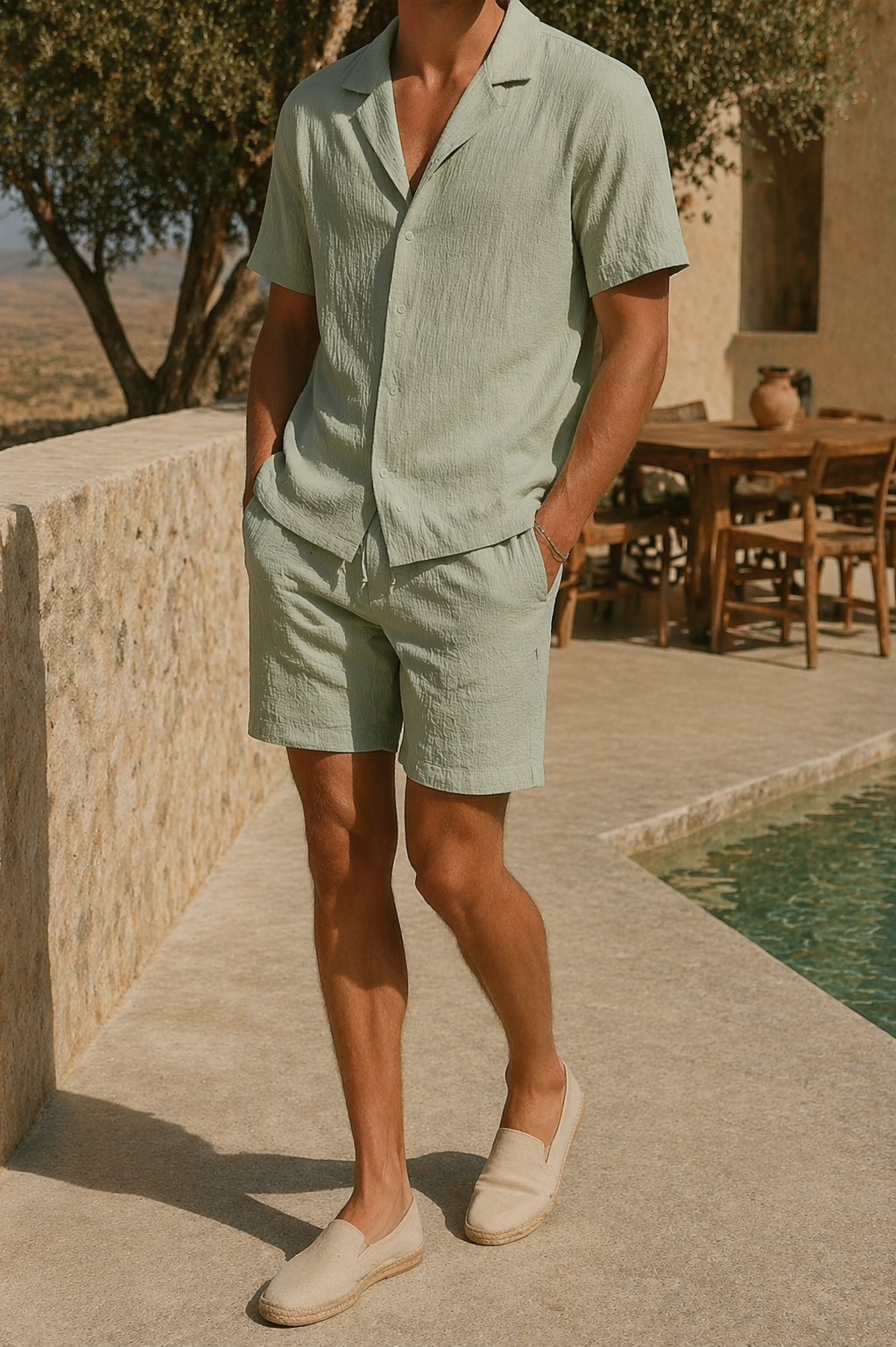 Flynn | Linen Two Piece Set with Short Sleeve Shirt and Relaxed Fit Shorts