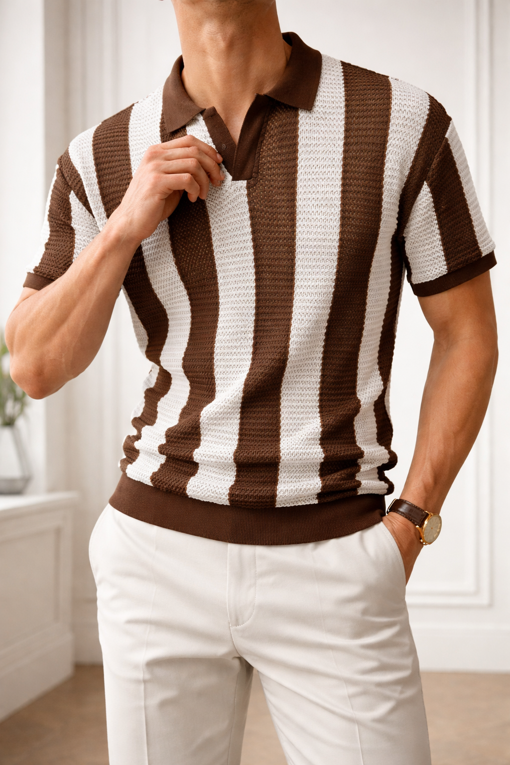 Graham | Textured Knit Polo Shirt with Vertical Stripe Pattern