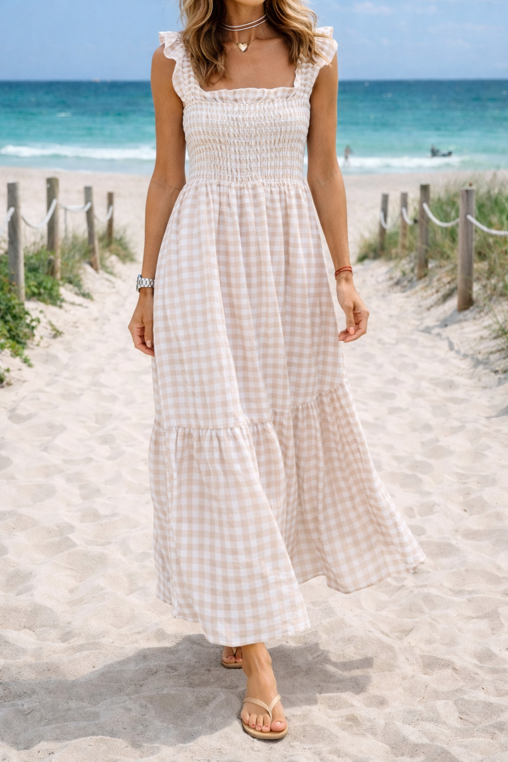 Helena | Women’s Gingham Smocked Maxi Dress with Ruffle Sleeves