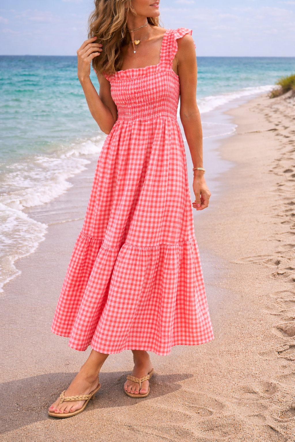 Helena | Women’s Gingham Smocked Maxi Dress with Ruffle Sleeves