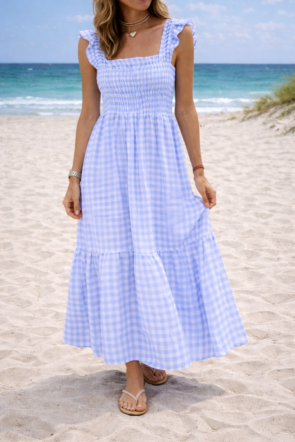 Helena | Women’s Gingham Smocked Maxi Dress with Ruffle Sleeves