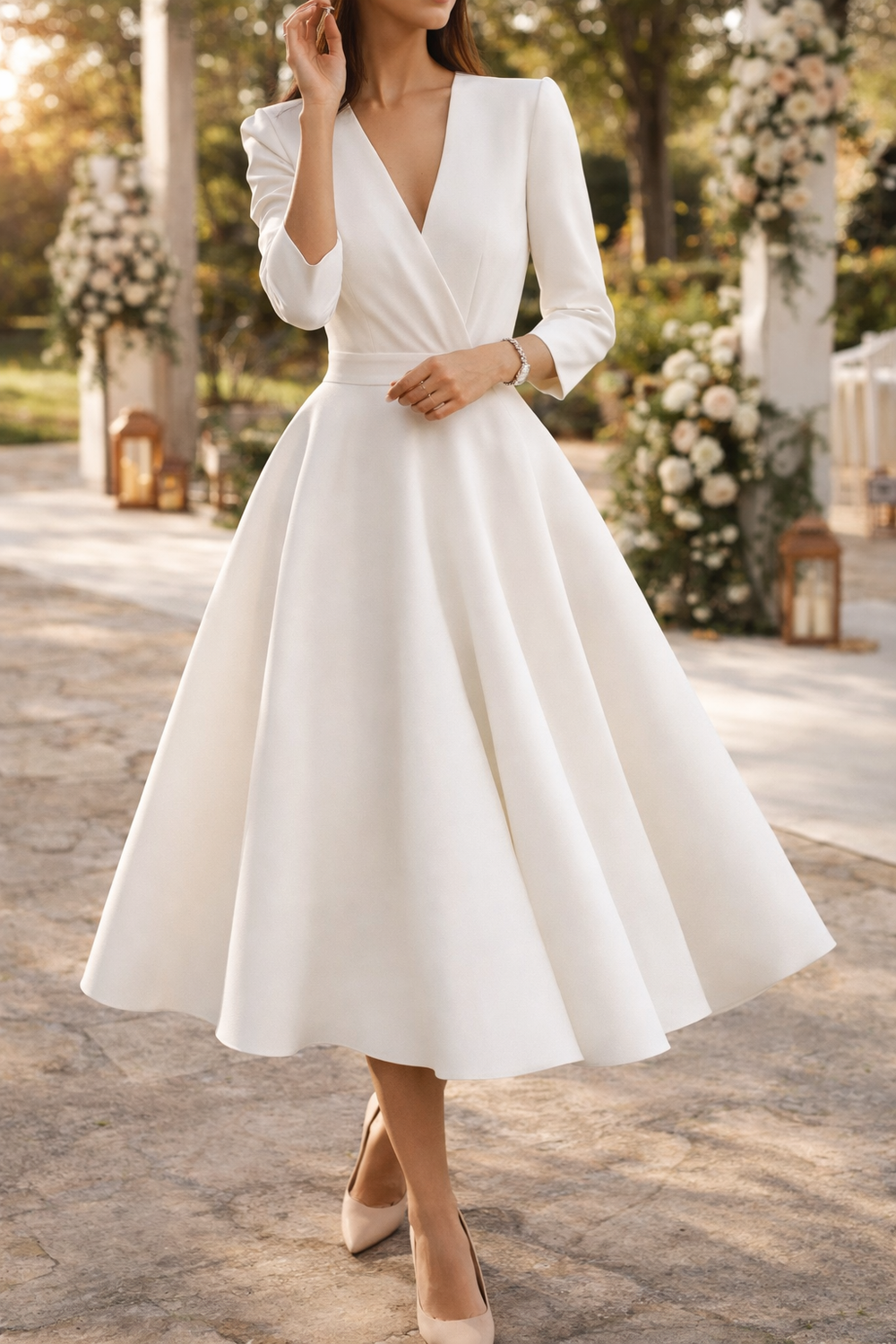 Isolde | V-Neck A-Line Midi Wedding Dress with Three Quarter Sleeves