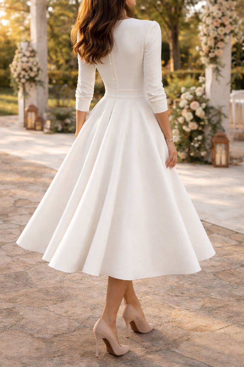Isolde | V-Neck A-Line Midi Wedding Dress with Three Quarter Sleeves