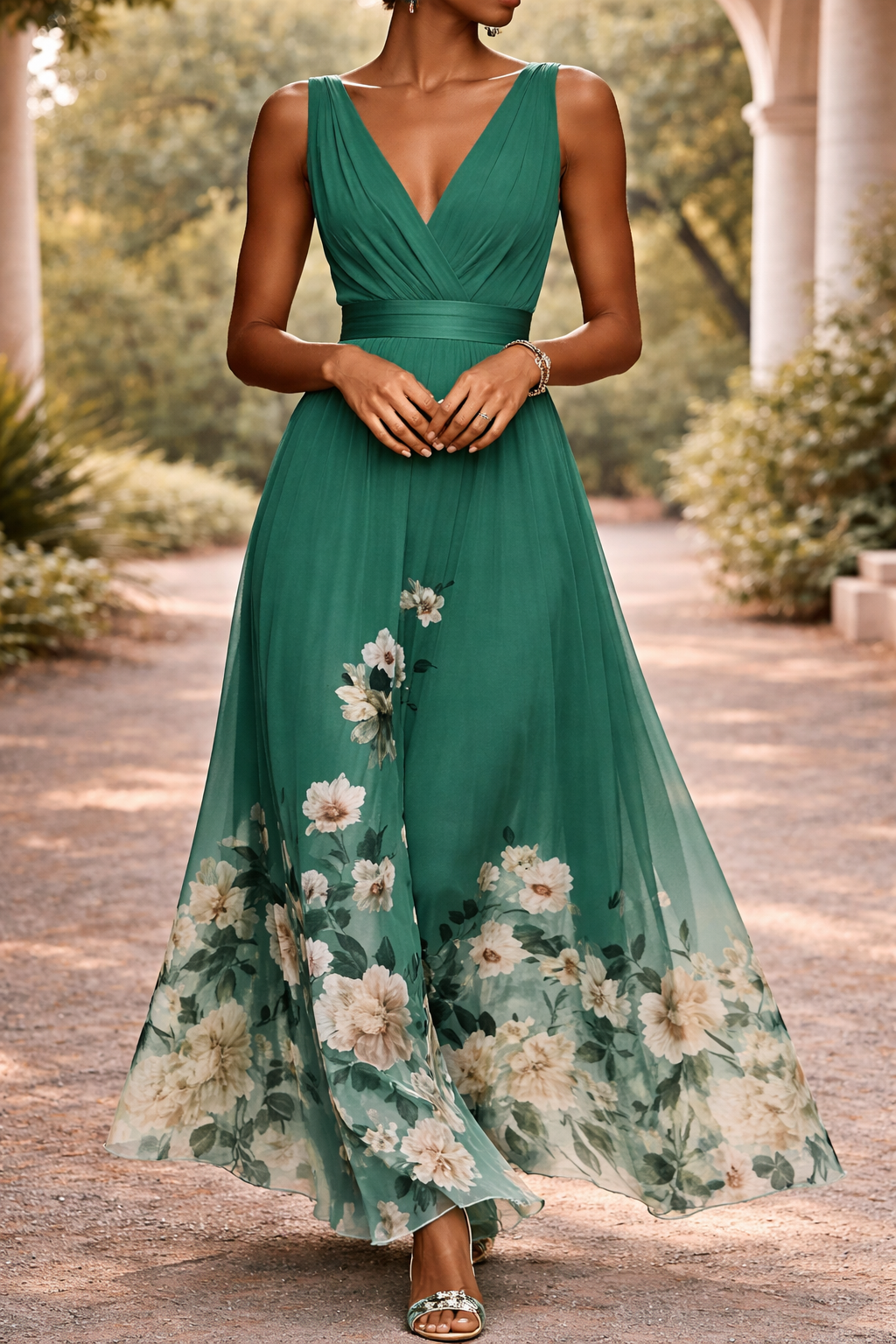 Jade | Sleeveless V-Neck Floral Print Maxi Wedding Guest Dress
