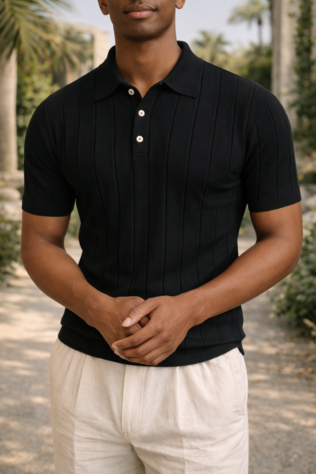 Jason | Men’s Ribbed Knit Polo Shirt with Vertical Panel Design