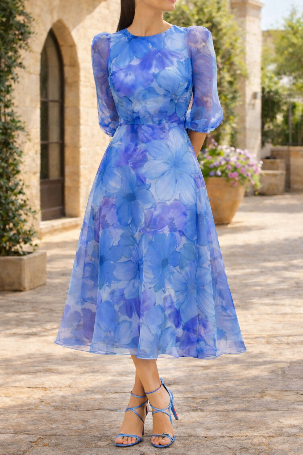 Jessica | Floral Organza Midi Wedding Guest Dress with Long Sleeves