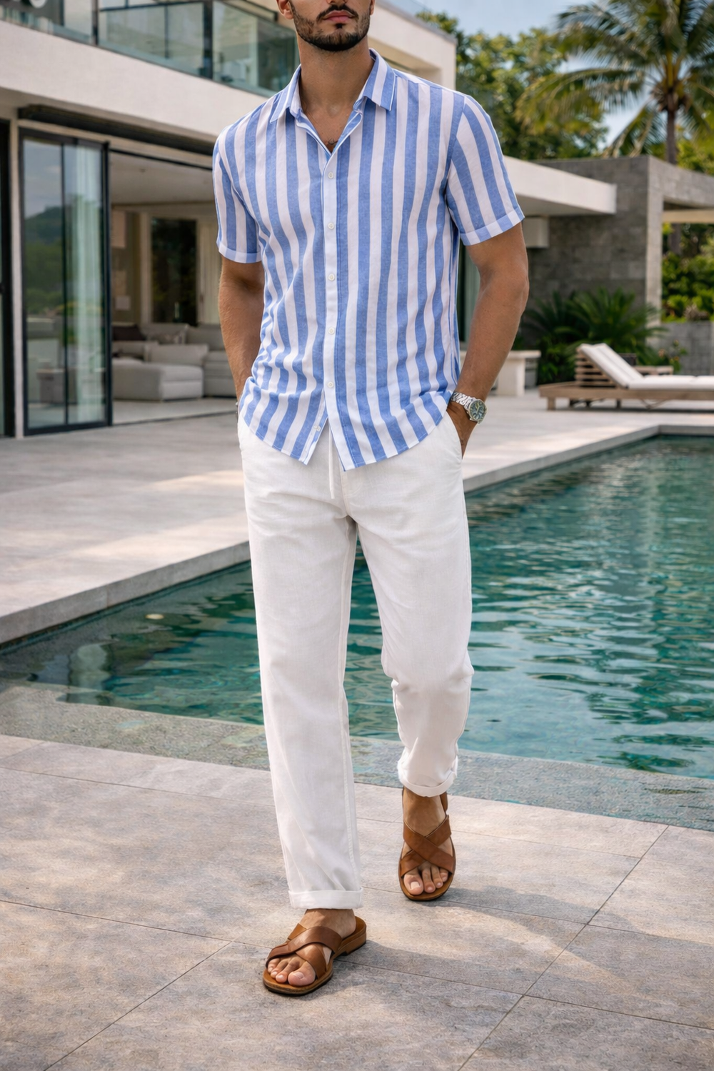 Kenneth | Linen Two Piece Set with Short Sleeve Shirt and Straight Leg Trousers