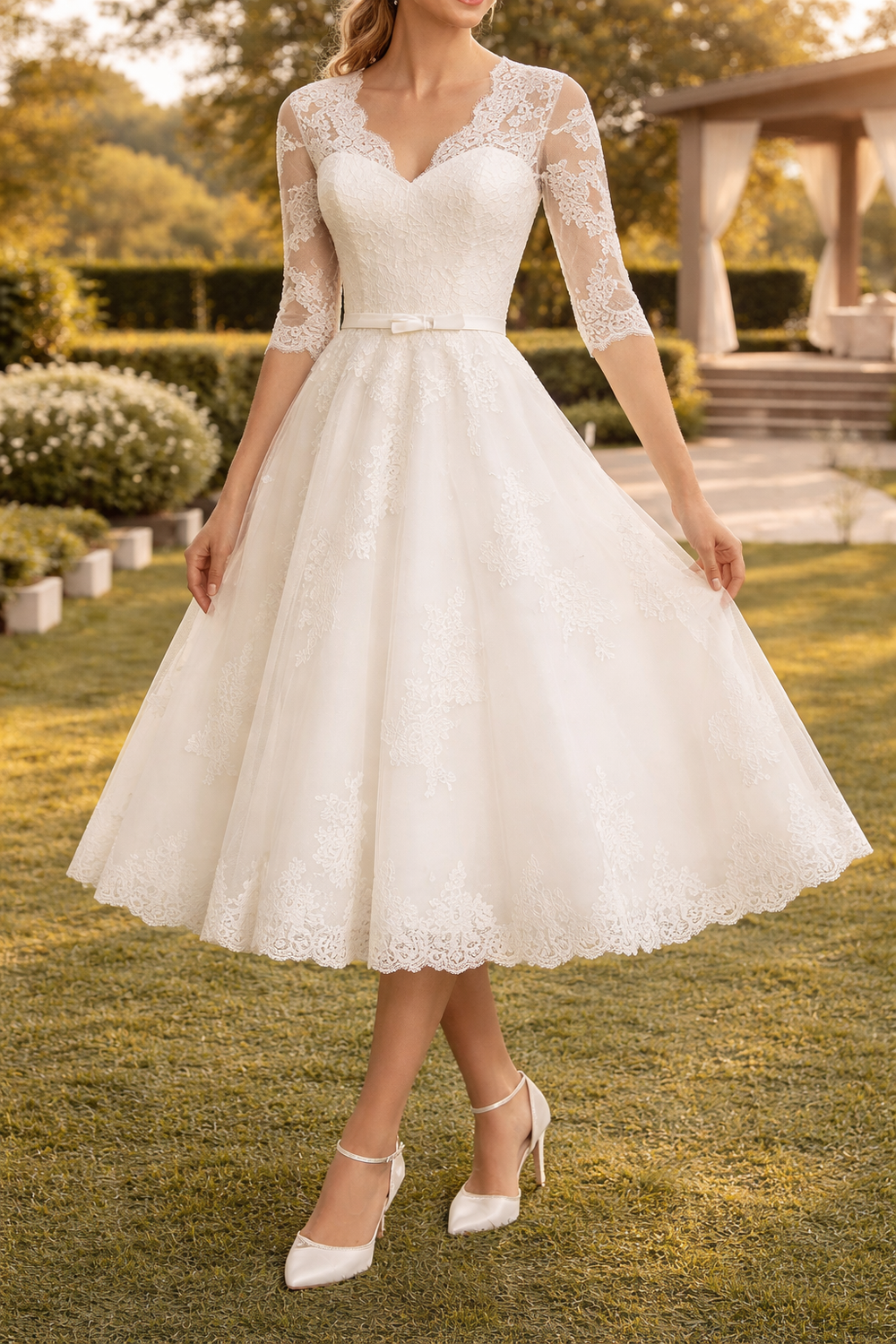 Lou | Lace Sleeve A-Line Midi Wedding Dress with V-Neck