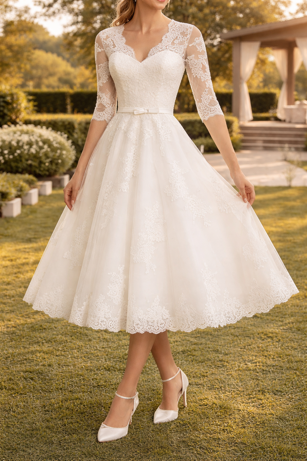 Lou | Lace Sleeve A-Line Midi Wedding Dress with V-Neck