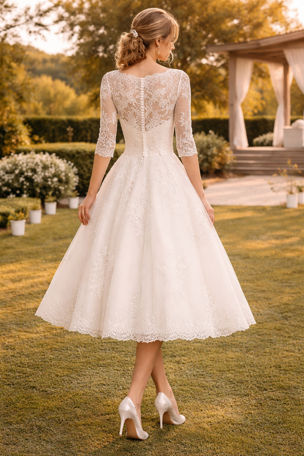 Lou | Lace Sleeve A-Line Midi Wedding Dress with V-Neck