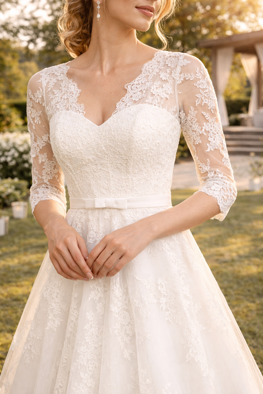Lou | Lace Sleeve A-Line Midi Wedding Dress with V-Neck