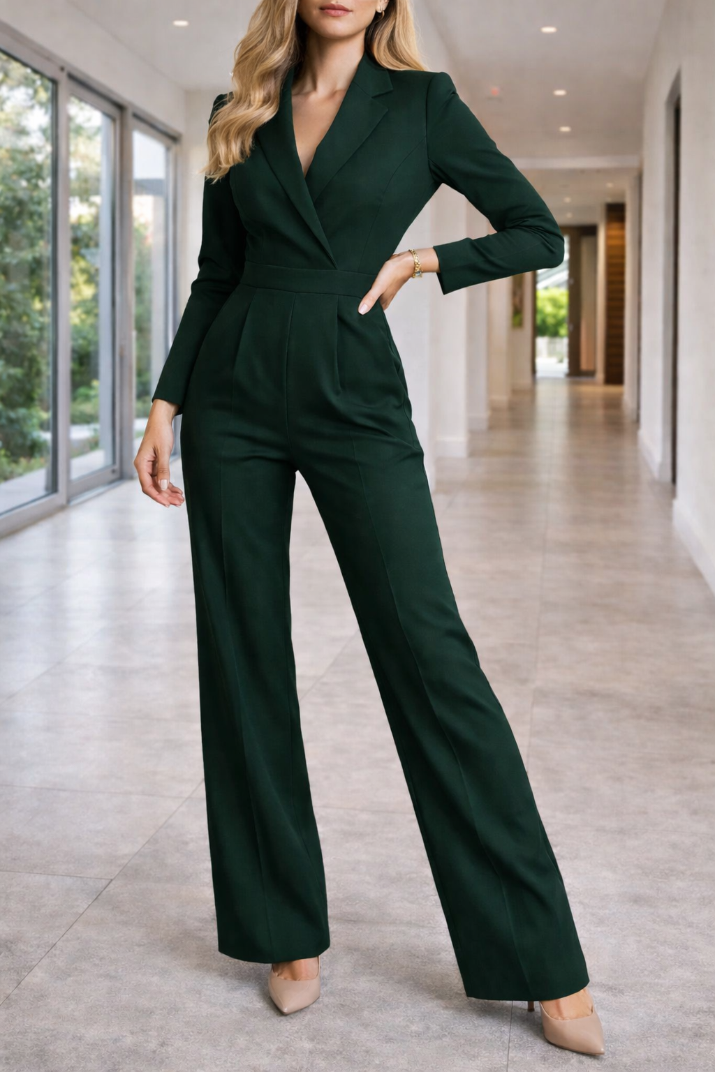 Macy | Women's Tailored Long Sleeve Wide Leg Jumpsuit with Lapel Collar