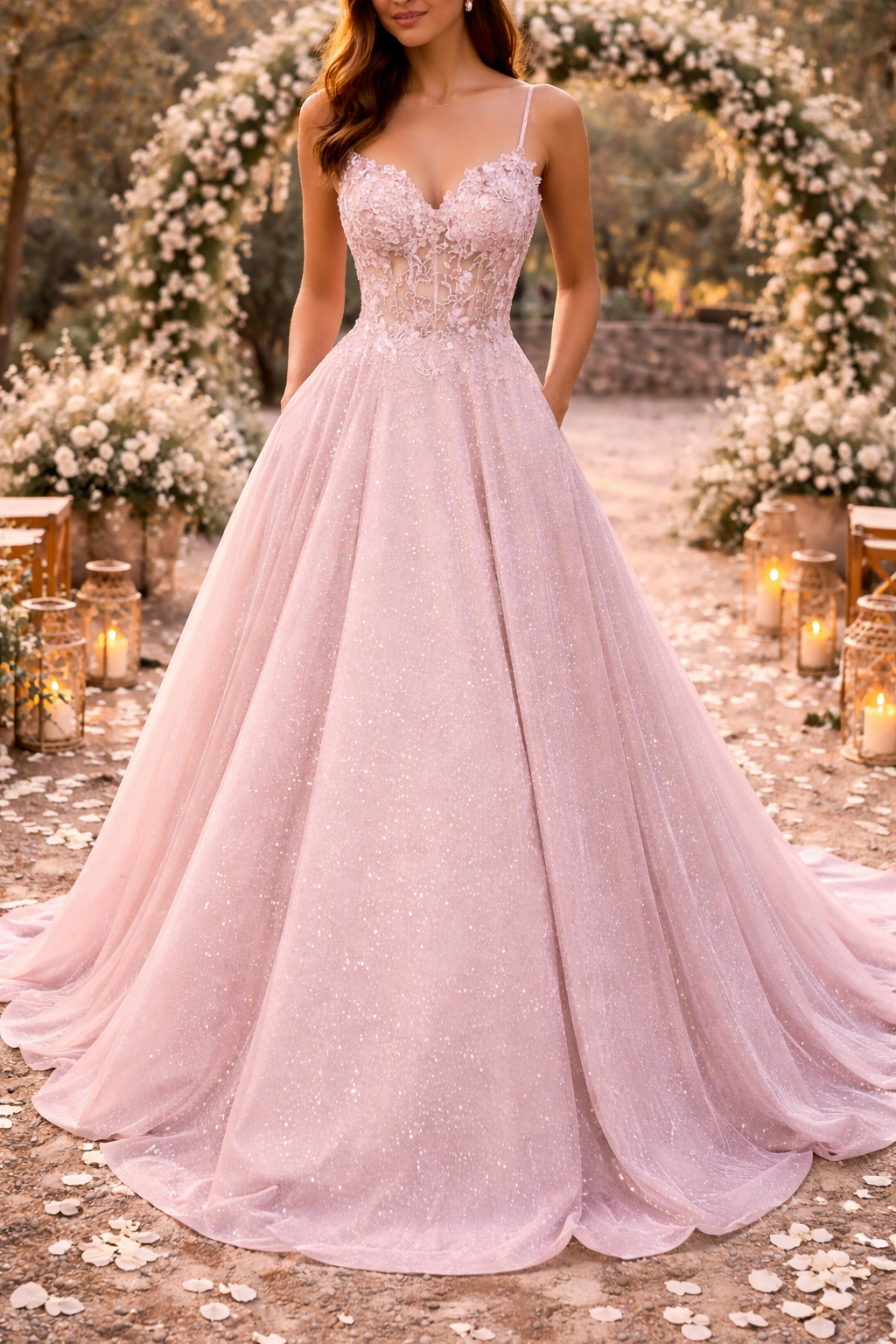 Madelyn | Embroidered Bodice Glitter Tulle Maxi Wedding Guest Dress