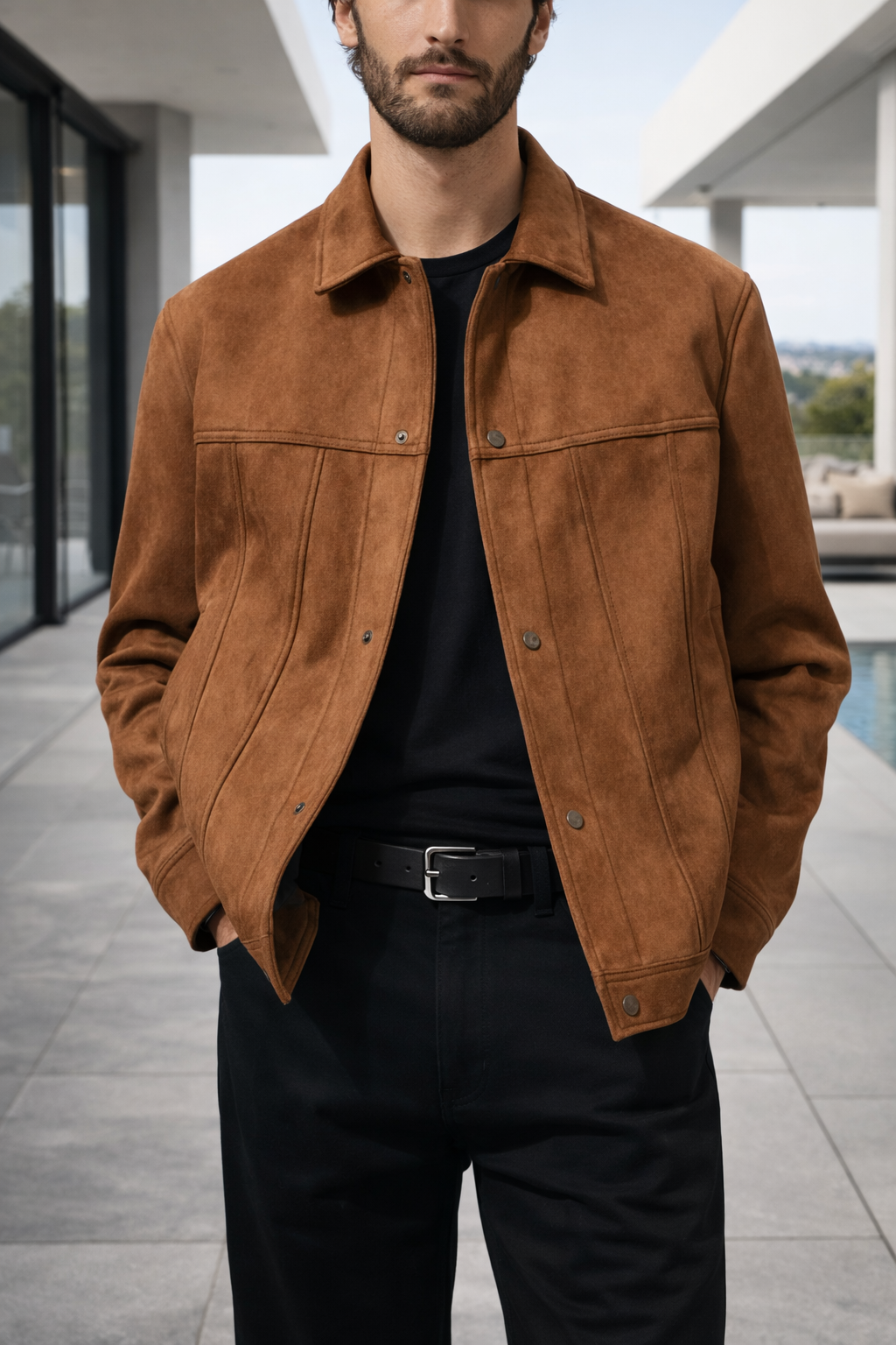 Max | Men’s Suede Leather Trucker Jacket with Button Front Closure