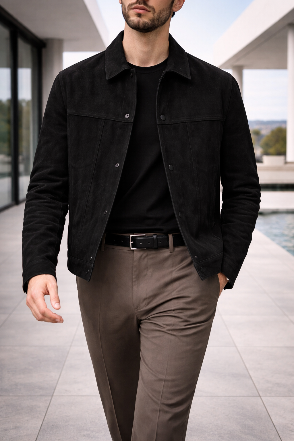 Max | Men’s Suede Leather Trucker Jacket with Button Front Closure