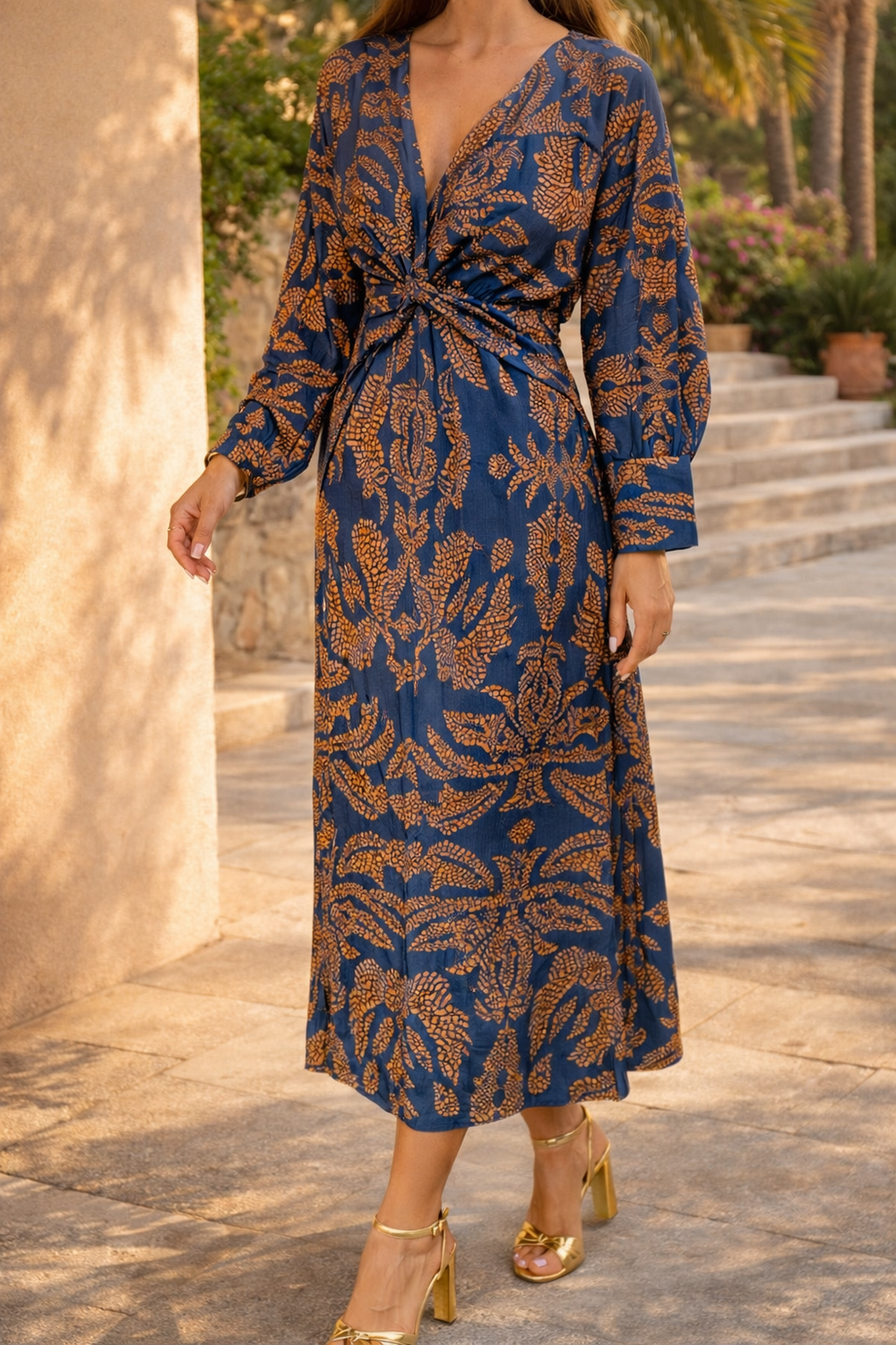 Maya | Twist Front Printed Midi Wedding Guest Dress with Long Sleeves