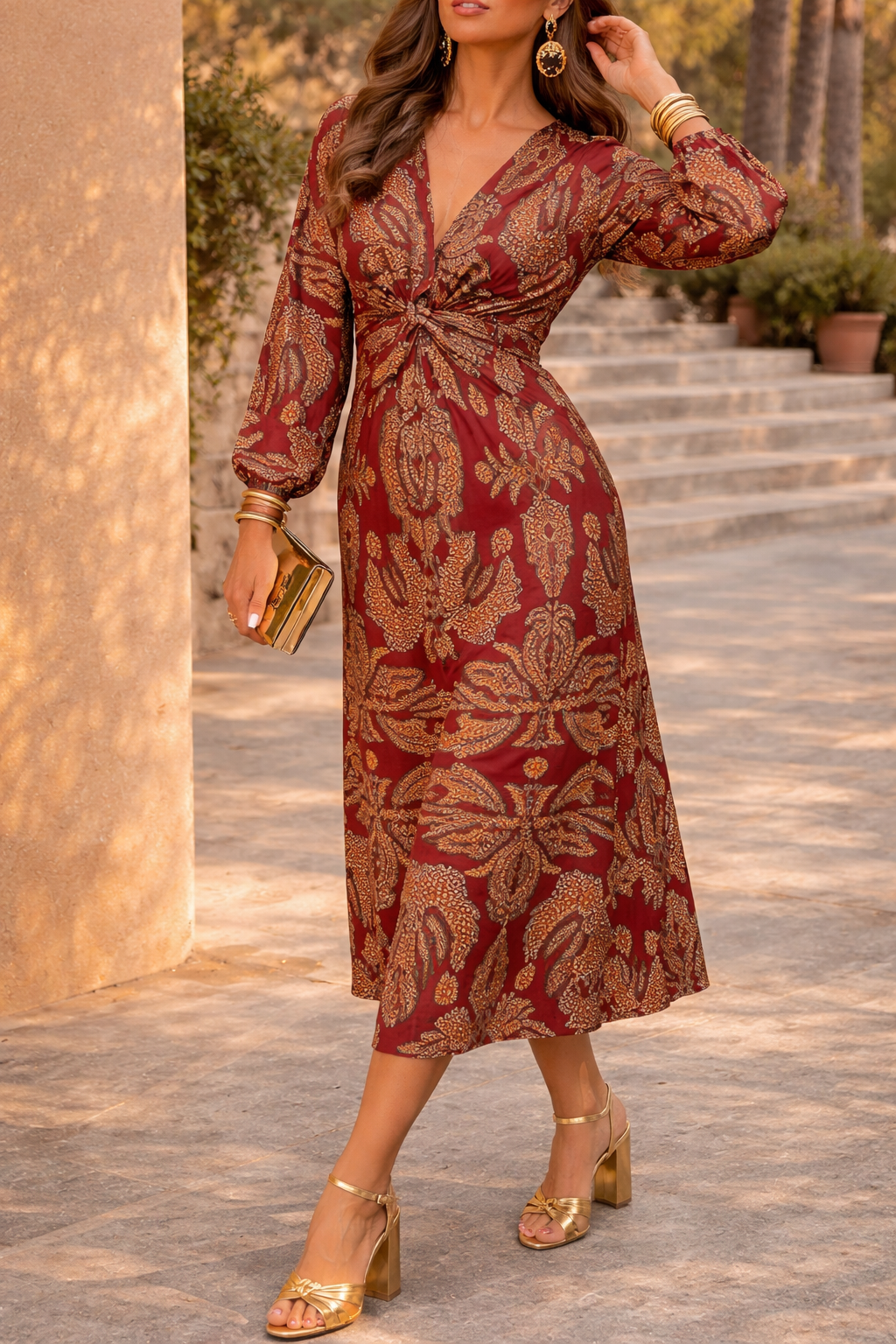 Maya | Twist Front Printed Midi Wedding Guest Dress with Long Sleeves