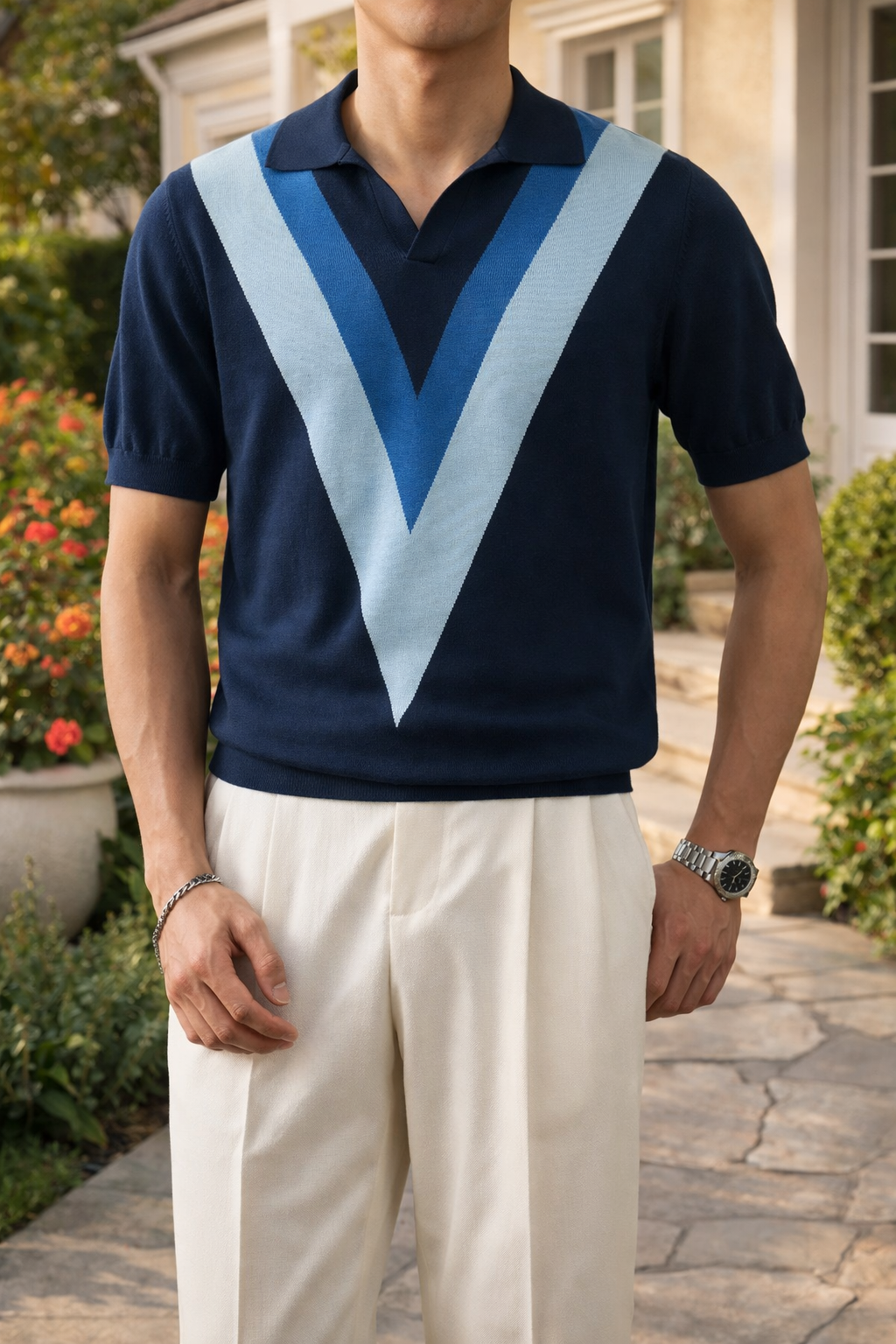 Neville | Men’s V Pattern Knit Polo Shirt Short Sleeve Relaxed Fit